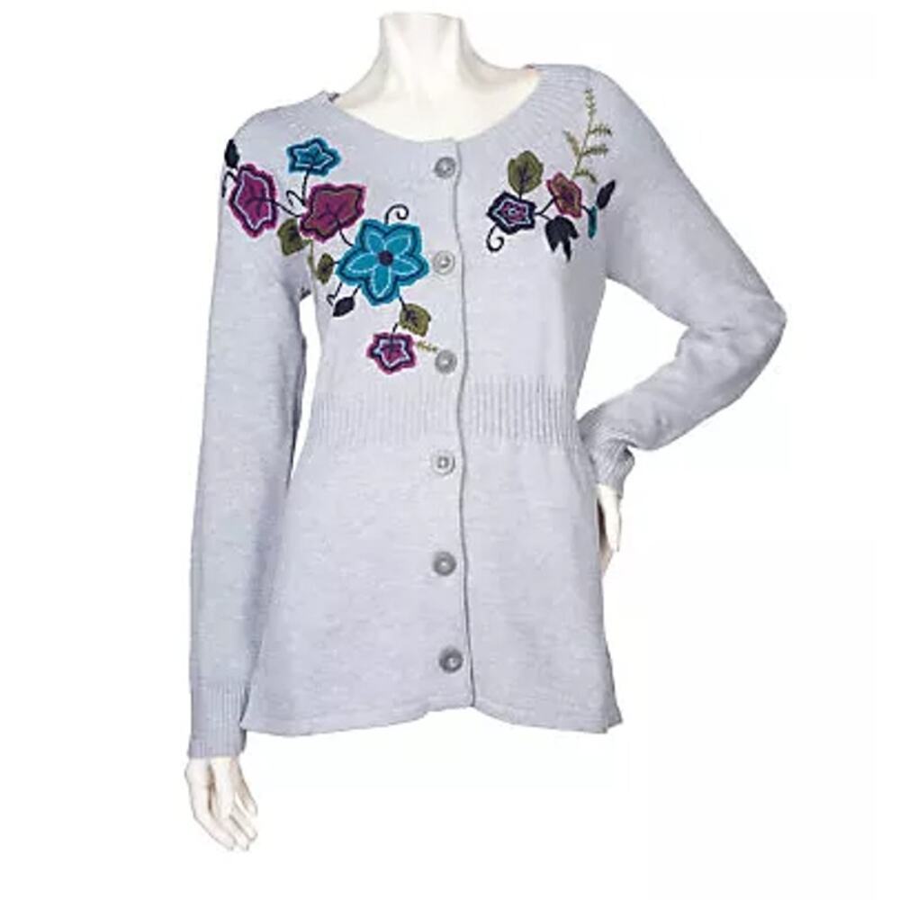 Denim & Co. Cardigan Sweater Womens 2X Button Jacket Embroidery Grandmacore NEW